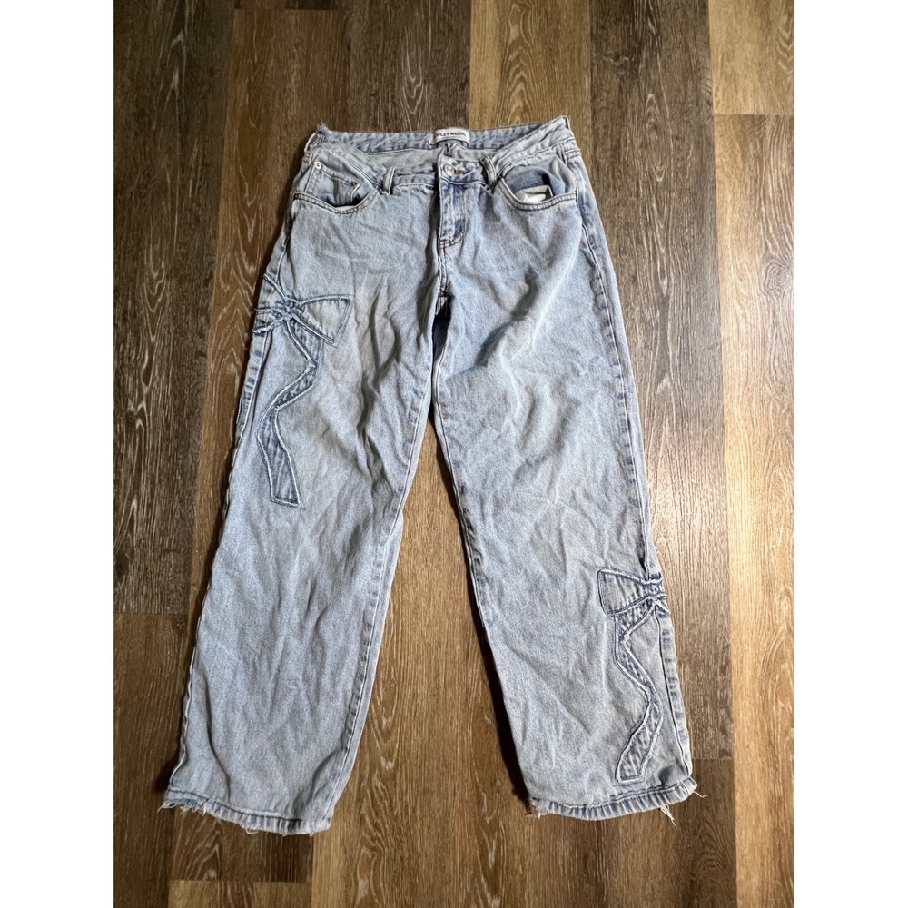 Ashley Mason Wide Leg Jeans Women‎ 9/29 Light Blue Bow Applique Raw Hem D